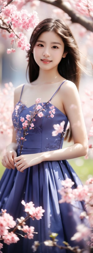 A 16-year-old Japanese beauty,in the sakura flowers.Turn slightly, purple dress,Beauty