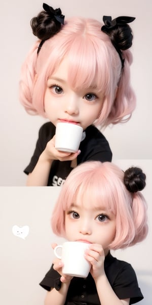 1girl, light PINK hair,BLACK eyes, long hair, cute dress, elegant bun hairstyle, tender gaze, warmly facial expression, white background, holding a coffee cup,  sitting. ((Chibi character)),perfect light,Beauty,Korean
