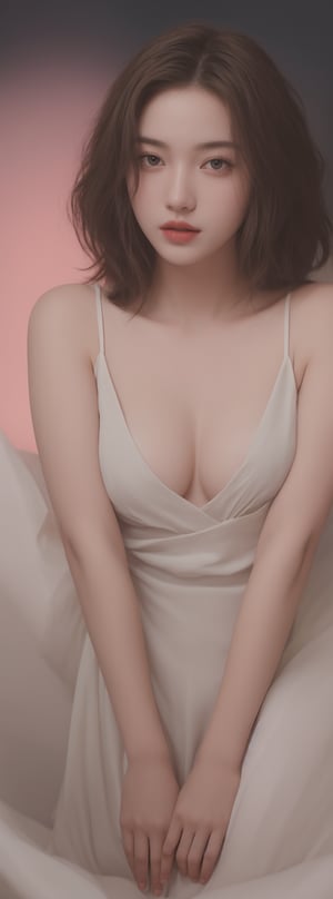 full body shot of a beautiful girl 18 years, with brown short hair, messy hair, deep red lipstic, full lips, alluring, portrait by Charles Miano, pastel drawing, illustrative art, soft lighting, detailed, more Flowing rhythm, elegant, low contrast, add soft blur with thin line,Korean,Japanese,perfect light