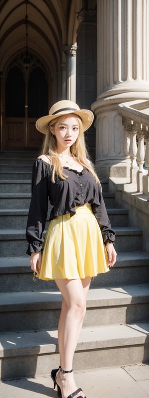 masterpiece,illustration,ray tracing,finely detailed,best detailed,Clear picture,intricate details,highlight,
gothic architecture,
looking at viewer,

nature,gothic architecture,bird,the lakeside in the heart of the forest,the staircase of the balcony,
1girl,long hair,hat,light blonde hair,
yellow bow,yellow bag,skirt,upper body,,perfect light,Korean,idol,Beauty