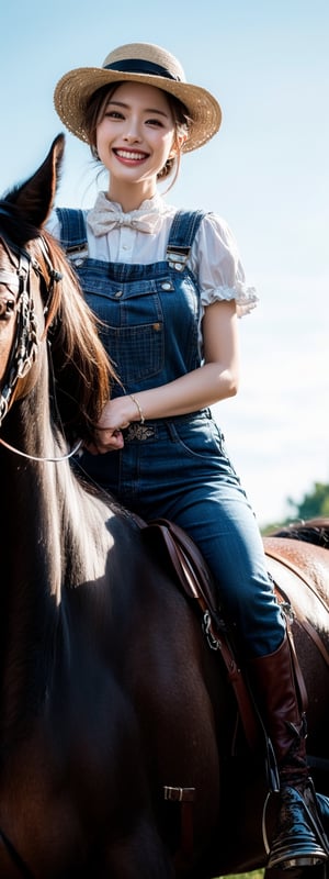 (Masterpiece, Top Quality, Best Quality, Official Art, Beauty and Aesthetics: 1.2), HDR, high contrast, wide shot(majestic:1.5), hyper realistic, highly detailed, uhd:1.3, RAW photo, ,Japanese ,idol,1girl, grin,dungarees , bow on head, riding breeches,riding a horse