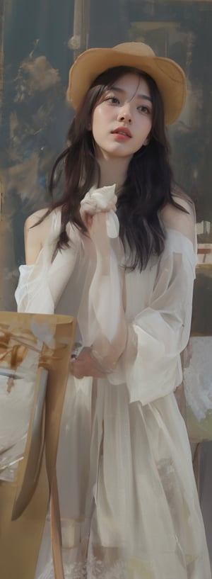 background is glassland,horizon,forest,easel, 18 yo, 1 girl, beautiful korean girl,sit on glassland, making a picture,painting,sit aside easel,holding a palette left hand,painting brush right hand, happy smile,wearing lovely dress(princess),women hat(small), solo, {beautiful and detailed eyes}, dark eyes, calm expression, delicate facial features, ((model pose)), Glamor body type, (dark hair:1.2), simple tiny necklace,simple tiny earrings, flim grain, realhands, masterpiece, Best Quality, 16k, photorealistic, ultra-detailed, finely detailed, high resolution, perfect dynamic composition, beautiful detailed eyes, eye smile, ((nervous and embarrassed)), sharp-focus, full_body, cowboy_shot,, ,perfect light,Korean,idol