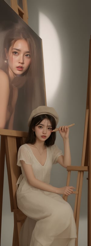 background is glassland,horizon,forest,easel, 18 yo, 1 girl, beautiful korean girl,sit on glassland, making a picture,painting,sit aside easel,holding a palette left hand,painting brush right hand, happy smile,wearing lovely dress(princess),women hat(small), solo, {beautiful and detailed eyes}, dark eyes, calm expression, delicate facial features, ((model pose)), Glamor body type, (dark hair:1.2), simple tiny necklace,simple tiny earrings, flim grain, realhands, masterpiece, Best Quality, 16k, photorealistic, ultra-detailed, finely detailed, high resolution, perfect dynamic composition, beautiful detailed eyes, eye smile, ((nervous and embarrassed)), sharp-focus, full_body, cowboy_shot,,Korean,Japanese,perfect light