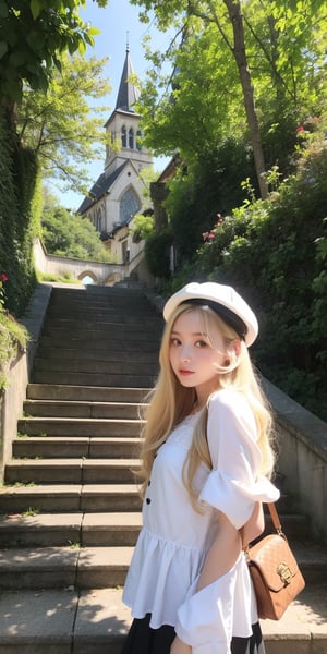 masterpiece,illustration,ray tracing,finely detailed,best detailed,Clear picture,intricate details,highlight,
anime,
gothic architecture,
looking at viewer,

nature,gothic architecture,bird,the lakeside in the heart of the forest,the staircase of the balcony,

NikkeRei,
1girl,loli,baby,long hair,hat,light blonde hair,
yellow bow,yellow bag,skirt,upper body,,perfect light,Beauty,Korean
