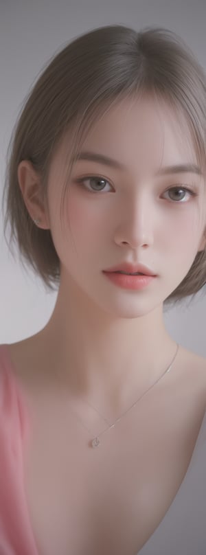 a beautiful girl 18 years, with silver short hair, messy hair, red lipstic, full lips, alluring, portrait by Charles Miano, pastel drawing, illustrative art, soft lighting, detailed, more Flowing rhythm, elegant, low contrast, add soft blur with thin line,Korean,Japanese,perfect light