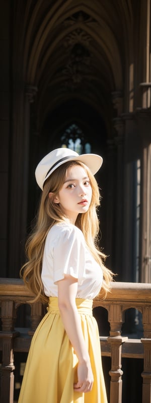 masterpiece,illustration,ray tracing,finely detailed,best detailed,Clear picture,intricate details,highlight,
gothic architecture,
looking at viewer,

nature,gothic architecture,bird,the lakeside in the heart of the forest,the staircase of the balcony,
1girl,long hair,hat,light blonde hair,
yellow bow,yellow bag,skirt,upper body,,perfect light,Korean,idol