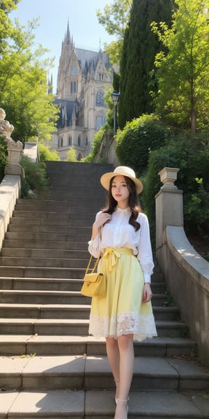 masterpiece,illustration,ray tracing,finely detailed,best detailed,Clear picture,intricate details,highlight,
gothic architecture,
looking at viewer,

nature,gothic architecture,bird,the lakeside in the heart of the forest,the staircase of the balcony,
1girl,long hair,hat,light blonde hair,
yellow bow,yellow bag,skirt,upper body,,perfect light,Beauty,Korean