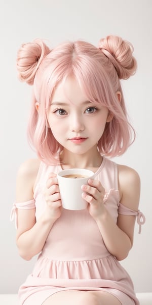 1girl, light PINK hair,BLACK eyes, long hair, cute dress, elegant bun hairstyle, tender gaze, warmly facial expression, white background, holding a coffee cup,  sitting. ((Chibi character)), Korean,Japanese,perfect light