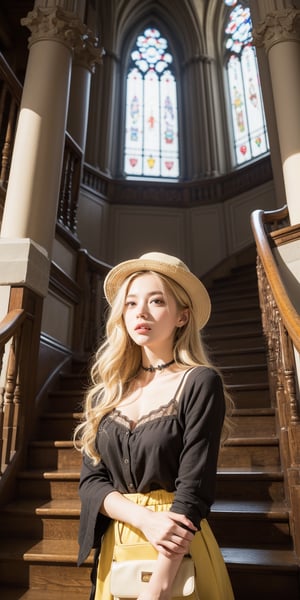 masterpiece,illustration,ray tracing,finely detailed,best detailed,Clear picture,intricate details,highlight,
gothic architecture,
looking at viewer,

nature,gothic architecture,bird,the lakeside in the heart of the forest,the staircase of the balcony,
1girl,long hair,hat,light blonde hair,
yellow bow,yellow bag,skirt,upper body,,perfect light,lady