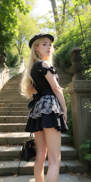 masterpiece,illustration,ray tracing,finely detailed,best detailed,Clear picture,intricate details,highlight,
anime,
gothic architecture,
looking at viewer,

nature,gothic architecture,bird,the lakeside in the heart of the forest,the staircase of the balcony,

NikkeRei,
1girl,loli,baby,long hair,hat,light blonde hair,
yellow bow,yellow bag,skirt,upper body,,perfect light,Beauty,Korean