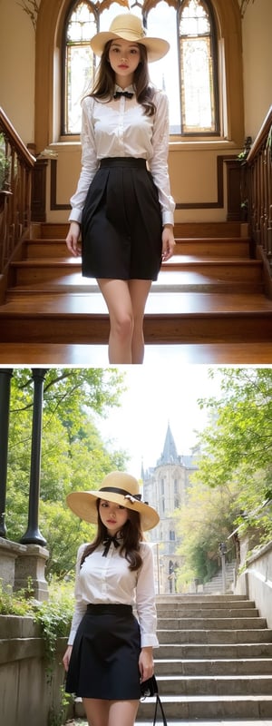 masterpiece,illustration,ray tracing,finely detailed,best detailed,Clear picture,intricate details,highlight,
gothic architecture,
looking at viewer,

nature,gothic architecture,bird,the lakeside in the heart of the forest,the staircase of the balcony,
1girl,long hair,hat,light blonde hair,
yellow bow,yellow bag,skirt,upper body,,perfect light,lady,beauty
