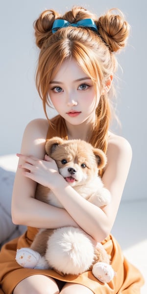 1girl, light orange hair, blue eyes, long hair, cute dress, elegant bun hairstyle, tender gaze, warmly facial expression, white background, holding a BEAR DOLL, she’s a noblewoman. she is sitting. ((Chibi character)),perfect light,beauty,Beauty