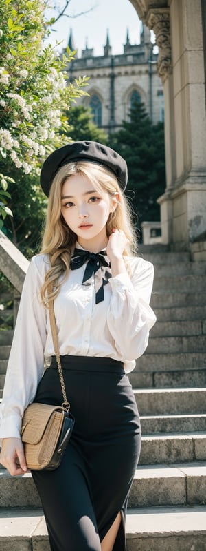 masterpiece,illustration,ray tracing,finely detailed,best detailed,Clear picture,intricate details,highlight,
gothic architecture,
looking at viewer,

nature,gothic architecture,bird,the lakeside in the heart of the forest,the staircase of the balcony,
1girl,long hair,hat,light blonde hair,
yellow bow,yellow bag,skirt,upper body,,perfect light,Korean,idol,Beauty