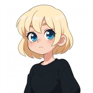 cool girl,blond short hairstyle,cartoon-network,blue eyes,black sweatshirt clean without logo,white background,look to the left side,cleaner drawn,