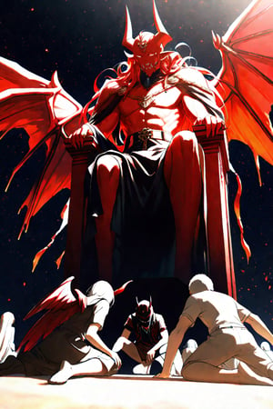 red Devil Satan sits on the evil throne of hell in the center of the picture, two white angels with wings kneel at red Devil Satan's feet one left and one right, A horizontal and vertical composition,center composition,Low angle,Black background,(masterpiece),(best quality),illustration,ultra detailed,hdr,Depth of field,(colorful),officialart