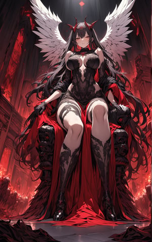 huge red Devil Satan sits on the evil throne of hell in the center of the picture,Satanism, two white angels kneel at red Devil Satan's feet one left and one right, the angels have huge transparent feathered wings,A horizontal and vertical composition,center composition,Low angle,Black background,(masterpiece),(best quality),illustration,ultra detailed,hdr,Depth of field,(colorful)