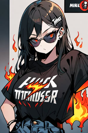 Beautiful, masterpiece, super detailed, 1girl (black Thrasher brand t-shirt with a flame design on the front, loose-fitting, knee-length denim shorts, black Nike sneakers with white details, dark sunglasses)