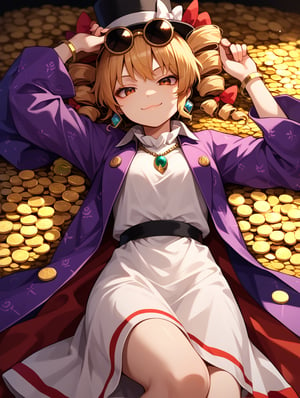 score_9, score_8_up, score_7_up, source_anime, 1girl, solo, smug smile, joon, touhou, twin_drills, glasses_on_head, white_dress, necklace, top_hat, purple_coat, black_hat, on back, lying on gold coins, gold coins, gold, gold ingots, holding coins