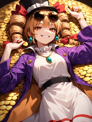 score_9, score_8_up, score_7_up, source_anime, 1girl, solo, smug smile, joon, touhou, twin_drills, glasses_on_head, white_dress, necklace, top_hat, purple_coat, black_hat, on back, lying on gold coins, gold coins, gold, gold ingots, holding coins