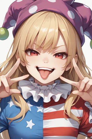 score_9, score_8_up, score_7_up, score_6_up, source_anime, 1girl, clownpiece, jester cap, neck ruff, blonde hair, long hair, red eyes, american flag dress, smirk, smug, open mouth, tongue, tongue out, portrait, close up, double peace