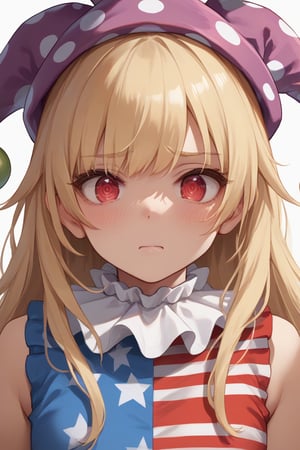 score_9, score_8_up, score_7_up, score_6_up, source_anime, 1girl, clownpiece, jester cap, neck ruff, blonde hair, long hair, red eyes, american flag dress, flustered, hypnotised, portrait, close up, front view