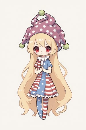 score_9, score_8_up, score_7_up, source_anime, 1girl, clownpiece, jester cap, neck ruff, blonde hair, absurdly long hair, american flag legwear, american flag dress, red eyes, short sleeves, :o, simple background, full body, chibi