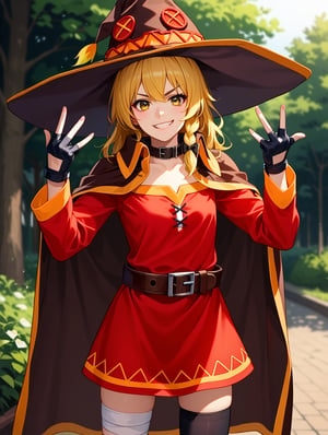 score_9, score_8_up, score_7_up, source_anime, 1girl, solo, Kirisame marisa, blonde, single braid, yellow eyes, smirk, megumin cosplay, megumin (cosplay), thighhighs, gloves, hat, dress, black gloves, belt, black thighhighs, fingerless gloves, cape, collar, witch hat, bandages, red dress, single thighhigh, asymmetrical legwear, bandaged leg, outdoors