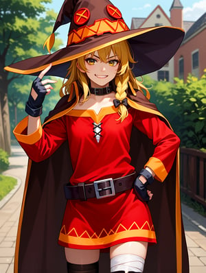 score_9, score_8_up, score_7_up, source_anime, 1girl, solo, Kirisame marisa, blonde, single braid, yellow eyes, smirk, hand on hip, megumin cosplay, megumin (cosplay), thighhighs, gloves, hat, dress, black gloves, belt, black thighhighs, fingerless gloves, cape, collar, witch hat, bandages, red dress, single thighhigh, asymmetrical legwear, bandaged leg, outdoors