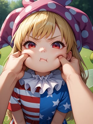 score_9, score_8_up, score_7_up, source_anime, 1girl, solo, red eyes, clownpiece, jester cap, child:0.5, neck ruff, blonde hair, long hair, american flag dress, fairy wings, pout, pov, (pinching cheeks), outdoors, nature, close up