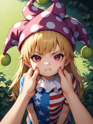 score_9, score_8_up, score_7_up, source_anime, 1girl, solo, red eyes, clownpiece, jester cap, child, neck ruff, blonde hair, long hair, american flag dress, pout, pov, pinching cheeks , outdoors, nature