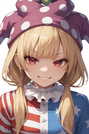 score_9, score_8_up, score_7_up, score_6_up, source_anime, 1girl, clownpiece, jester cap, neck ruff, blonde hair, long hair, red eyes, american flag dress, smile, smug, portrait, close up, low twintails