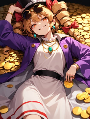 score_9, score_8_up, score_7_up, source_anime, 1girl, solo, smug smile, joon, touhou, twin_drills, glasses_on_head, white_dress, necklace, top_hat, purple_coat, black_hat, on back, lying on gold coins, gold coins, gold, gold ingots, holding coins