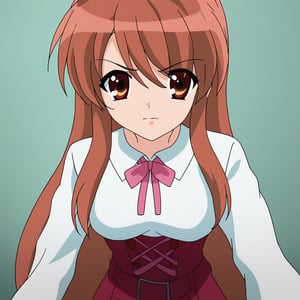 High-resolution image of Mikuru Asahina wearing a white long sleeves shirt with a pink ribbon and blue details, paired with a pink very long skirt. She looks directly at the viewer with an angry and bored expression, as if searching for someone. The scene is softly lit, capturing her complex demeanor. The composition frames her in the center, with the intricate details of her outfit adding to the visual interest. Best quality details, showcasing the texture of her clothes and the subtle nuances of her expression.