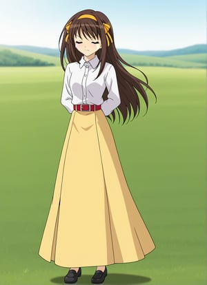 A high-resolution, best quality image of Haruhi Suzumiya with long hair, wearing a white long sleeves dress shirt closed up to the collar, red belt, yellow very long skirt with black details, and black shoes, standing in an open field, hands behind her back, moving her waist, rolling, gentle, with eyes closed, mouth open, extremely sad, crying, melancholy, and looking impeccable. The scene is softly lit with natural lighting, highlighting her detailed outfit and serene expression. The composition captures her from head to toe, showcasing her elegant attire and tranquil demeanor. The atmosphere is serene and beautifully lit, emphasizing her vibrant personality and comfortable setting.