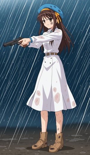 A high-resolution, best quality image of Haruhi Suzumiya with long hair, wearing a leather beret, white dress shirt, blue cotton poncho, brown maxi long skirt, and leather boots, looking bruised, dirty, angry, in the rain, wet, in an open field, holding an old shotgun, and looking impeccable. The scene is softly lit with natural lighting, highlighting her detailed outfit and dynamic pose. The composition captures her from head to toe, showcasing her authoritative presence and commanding demeanor. The atmosphere is vibrant and beautifully lit, emphasizing her confident expression and professional demeanor.