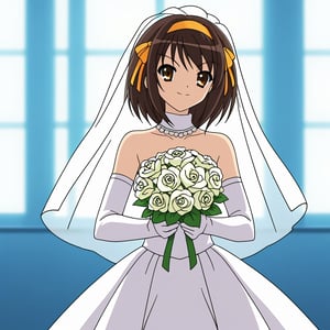 A high-resolution, best quality image of Haruhi Suzumiya wearing a white turtleneck very long laced wedding dress, white long gloves, holding a bouquet, and with a veil, looking radiant. The scene is softly lit with natural lighting, highlighting her detailed outfit and joyful expression. The composition captures her from head to toe, showcasing her elegant attire and cheerful demeanor. The atmosphere is serene and beautifully lit, emphasizing her vibrant personality and graceful presence.