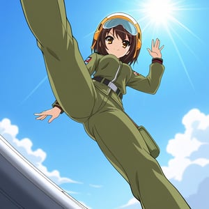 A high-resolution, best quality image of Haruhi Suzumiya wearing a green military uniform, green pants, and a helmet, inside a jet plane. The scene is brightly lit with natural sunlight, highlighting her detailed outfit and dynamic pose. The composition captures her from head to toe, showcasing her stylish attire and authoritative presence within the jet plane. The atmosphere is vibrant and beautifully lit, emphasizing her confident expression and commanding demeanor.