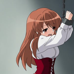 A high-resolution image of Mikuru Asahina in a white shirt with long sleeves, a red corset, and a red very long skirt. She is chained, crying and screaming, her expression filled with distress. The scene is dimly lit, creating a dramatic atmosphere. The composition frames her in a dynamic pose, with her arms raised and the chains visible. Best quality rendering with sharp focus on her tear-streaked face and detailed clothing.