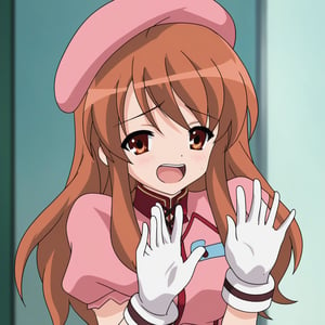 A high-resolution image of Mikuru Asahina in the Day of Sagittarius uniform, featuring a pink and gold outfit with a pink beret, white thick gloves, and a dark blue skirt. She is angrily screaming, her expression intense and dramatic. The scene is well-lit, highlighting the intricate details of her uniform. The composition captures her in a dynamic pose, with her arms raised and her beret slightly askew. Best quality rendering with sharp focus on her enraged face and detailed attire.