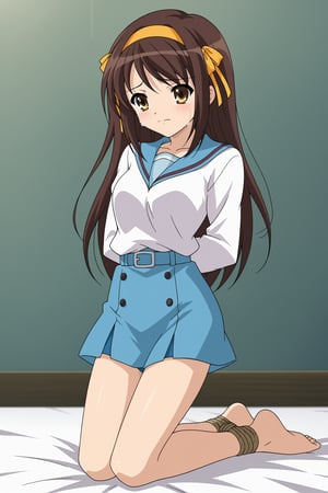 A high-resolution, best quality image of Haruhi Suzumiya with long hair, wearing a Kita High School shirt and buruma, hands tied behind her back, legs tied, kneeling in an old chemistry lab, crying, very sad, and looking impeccable. The scene is softly lit with natural lighting, highlighting her detailed outfit and emotional state. The composition captures her from the waist up, showcasing her vulnerable demeanor and sorrowful expression. The atmosphere is tense and beautifully lit, emphasizing her distressed presence and the dark setting.