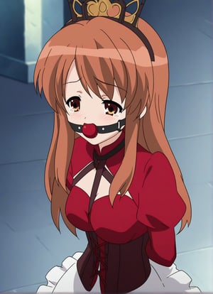 A high-resolution image of Mikuru Asahina in a red shirt with long sleeves, a red corset, and a white very long skirt, her hands chained behind her back, wearing a ballgag and a crown in an old castle. She is in a vulnerable pose, crying, and looking extremely sad. The scene is dimly lit, emphasizing the oppressive environment. The composition frames her in a delicate stance, with the chains, ballgag, and castle architecture visible. Best quality rendering with sharp focus on her tear-streaked face and detailed clothing.