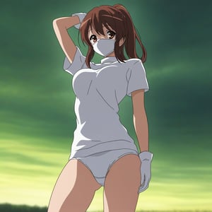 High-resolution image of Mikuru Asahina with a ponytail, wearing a white turtleneck with short sleeves, white buruma, white thick gloves, and a white mask. She is touching her chest and apologizing in an open field. The scene is well-lit, showcasing intricate details of her outfit and her apologetic expression. Mikuru stands in a composed pose, with the outfit flowing elegantly. The open field background is softly blurred to focus on her. Best quality rendering with sharp details and vibrant colors.