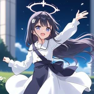 A serene portrait of Hana Shirosaki, floating in the air, wearing a white, very long tunic with long sleeves, her hands joined in front of her chest. She has a radiant halo above her head, her expression is happy and peaceful. The scene is softly lit with ethereal lighting, capturing the purity and grace of her pose. The composition centers on her, with a blurred background enhancing the floating effect.