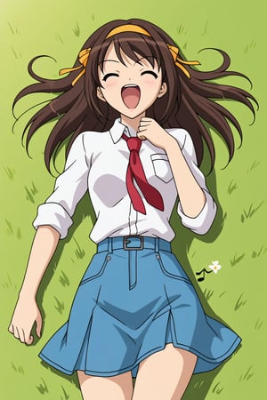 A high-resolution, best quality image of Haruhi Suzumiya with long hair, wearing a white dress shirt with the sleeves rolled up, red tie, denim short skirt, laying in the grass, head to waist, in a field, in summer, singing, happy, screaming, and looking impeccable. The scene is softly lit with natural lighting, highlighting her detailed outfit and serene expression. The composition captures her from head to the waist, showcasing her elegant attire and tranquil demeanor. The atmosphere is serene and beautifully lit, emphasizing her vibrant personality and comfortable setting.