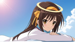 A high-resolution, best quality image of Haruhi Suzumiya with long hair, wearing a white floor-length tunic with long sleeves and high collar, angel halo, looking calm and innocent, laying in a cloud, head to chest, on a cold day, and looking impeccable. The scene is softly lit with natural lighting, highlighting her detailed outfit and serene expression. The composition captures her from head to the chest, showcasing her elegant attire and tranquil demeanor. The atmosphere is serene and beautifully lit, emphasizing her vibrant personality and comfortable setting.