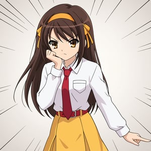 A high-resolution, best quality image of Haruhi Suzumiya with long hair, wearing a white dress shirt with long sleeves closed up to the collar, red tie, red belt, yellow maxi long skirt dragging the floor, standing, looking angry, bored, showing the middle finger, with the lights off, and looking impeccable. The scene is softly lit with natural lighting, highlighting her detailed outfit and serene expression. The composition captures her from head to toe, showcasing her elegant attire and tranquil demeanor. The atmosphere is serene and beautifully lit, emphasizing her vibrant personality and comfortable setting.