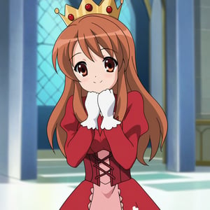 A high-resolution image of Mikuru Asahina in a red shirt with long sleeves, a red corset, a red very long skirt, and white thick gloves, wearing a crown in an old castle. She is happy and being cute. The scene is well-lit, highlighting the regal details of her attire and the castle setting. The composition frames her in a playful pose, with the castle architecture visible. Best quality rendering with sharp focus on her joyful expression and detailed clothing.