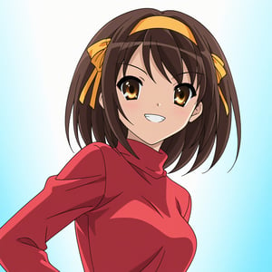 A high-resolution, best quality image of Haruhi Suzumiya wearing a very long red dress with white lace, long sleeves, and turtleneck, offering her hand with a happy expression. The scene is softly lit with natural lighting, highlighting her detailed outfit and joyful expression. The composition captures her from head to toe, showcasing her elegant attire and cheerful demeanor. The atmosphere is serene and beautifully lit, emphasizing her vibrant personality and graceful presence.