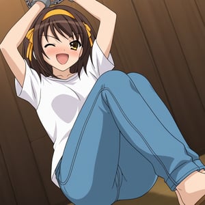 A high-resolution, best quality image of Haruhi Suzumiya wearing a white shirt and denim very large baggy pants, with her hands chained, looking very drunk and laughing. The scene is softly lit with natural lighting, highlighting her detailed outfit and wild expression. The composition captures her from head to toe, showcasing her casual attire and unrestrained demeanor. The atmosphere is lively and beautifully lit, emphasizing her intoxicated state and carefree presence.