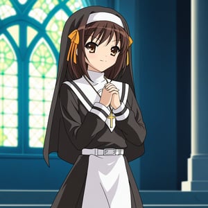 A high-resolution, best quality image of Haruhi Suzumiya wearing a very long nun dress, praying in a church, holding a rosary. The scene is softly lit with natural lighting, highlighting her detailed outfit and serene expression. The composition captures her from head to toe, showcasing her elegant attire and spiritual demeanor. The atmosphere is serene and beautifully lit, emphasizing her vibrant personality and devout presence.